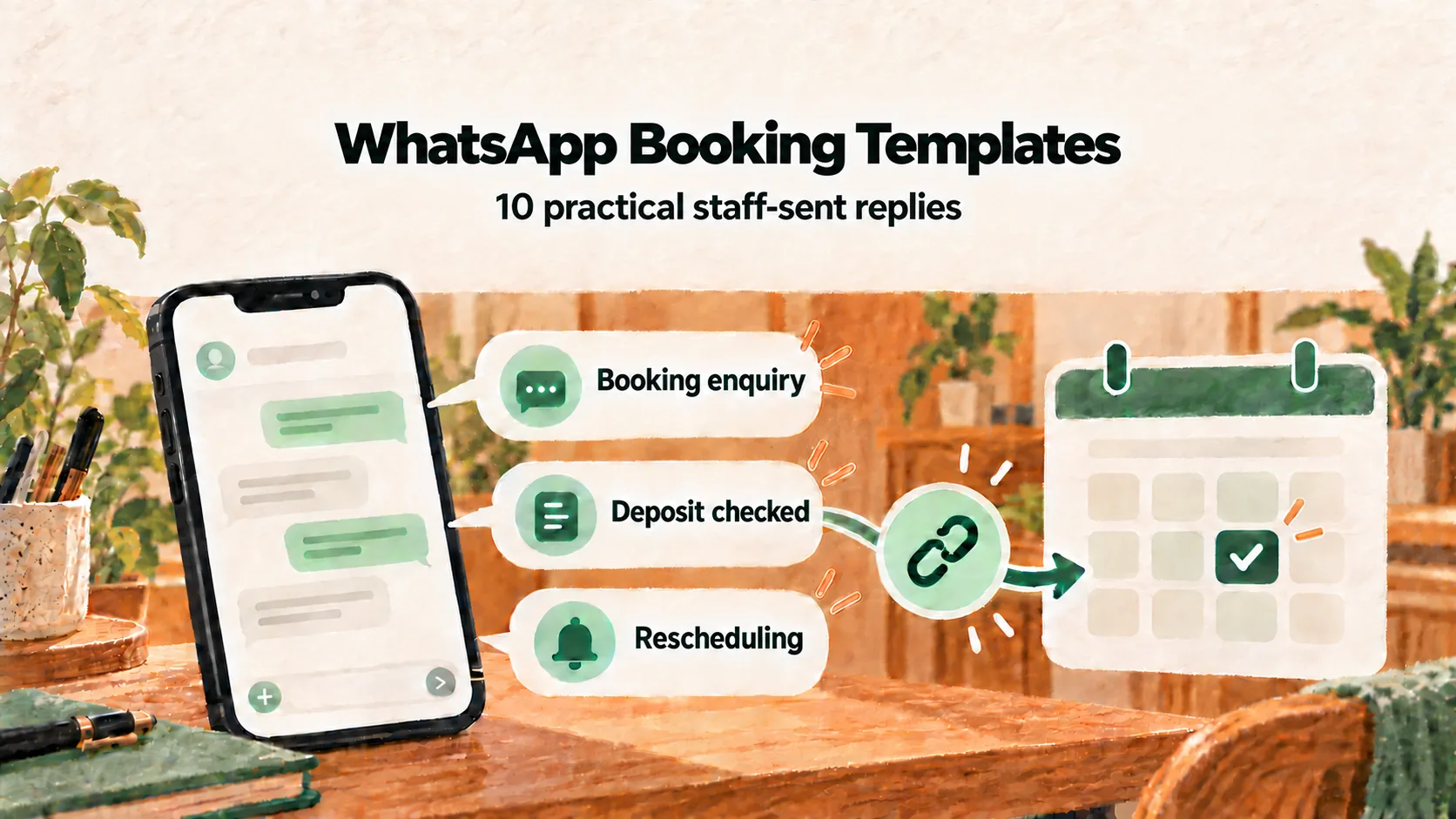 Warm illustrated desk scene with a phone, booking message categories, a linked calendar, and the headline WhatsApp Booking Templates.