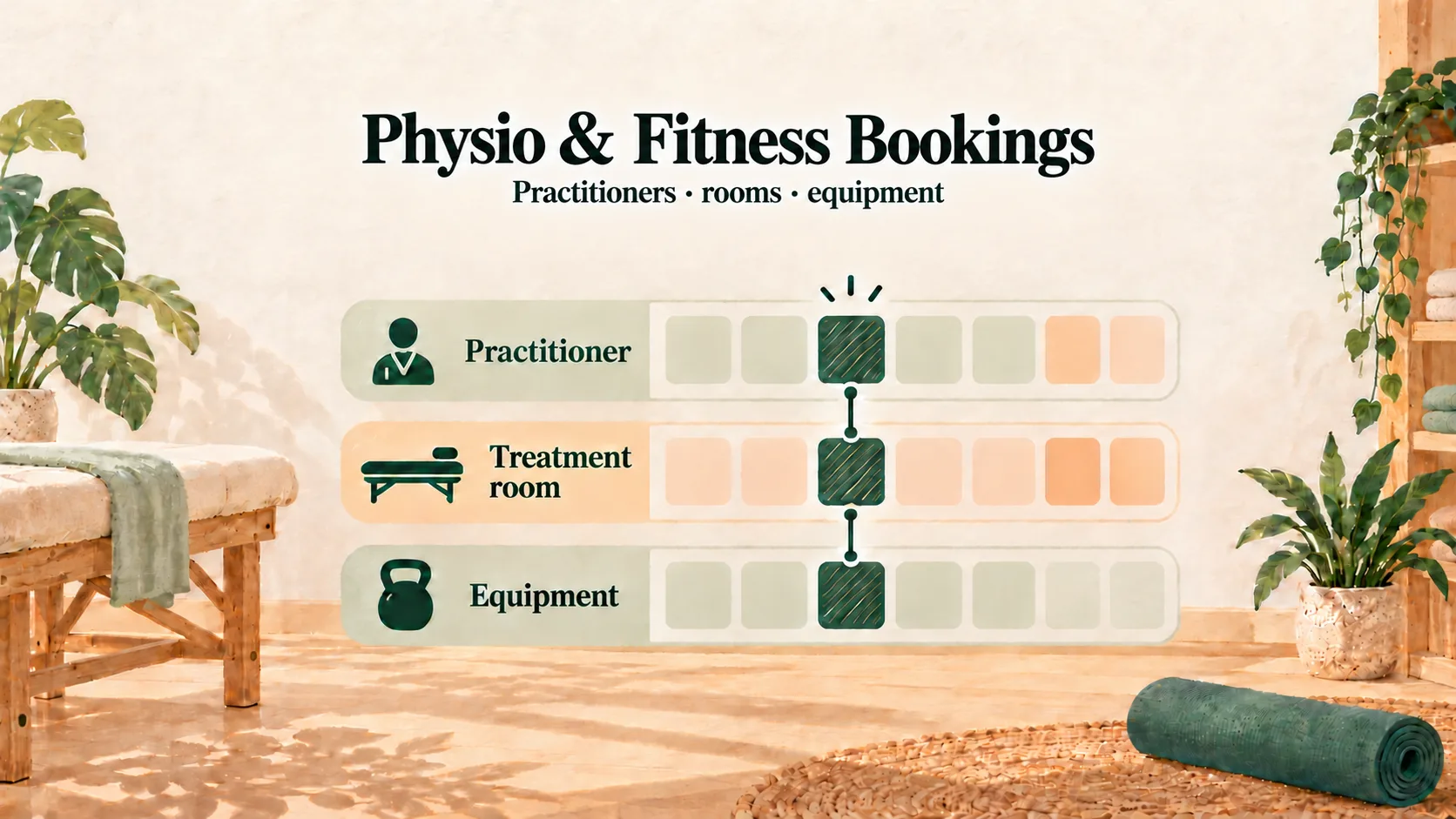 Warm illustrated physiotherapy studio with a linked availability board for practitioner, treatment room, and equipment.