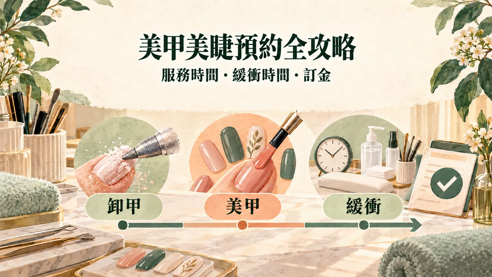 美甲美睫預約時間線，展示卸甲、美甲，以及以時鐘和清潔工作檯表示的緩衝時段。