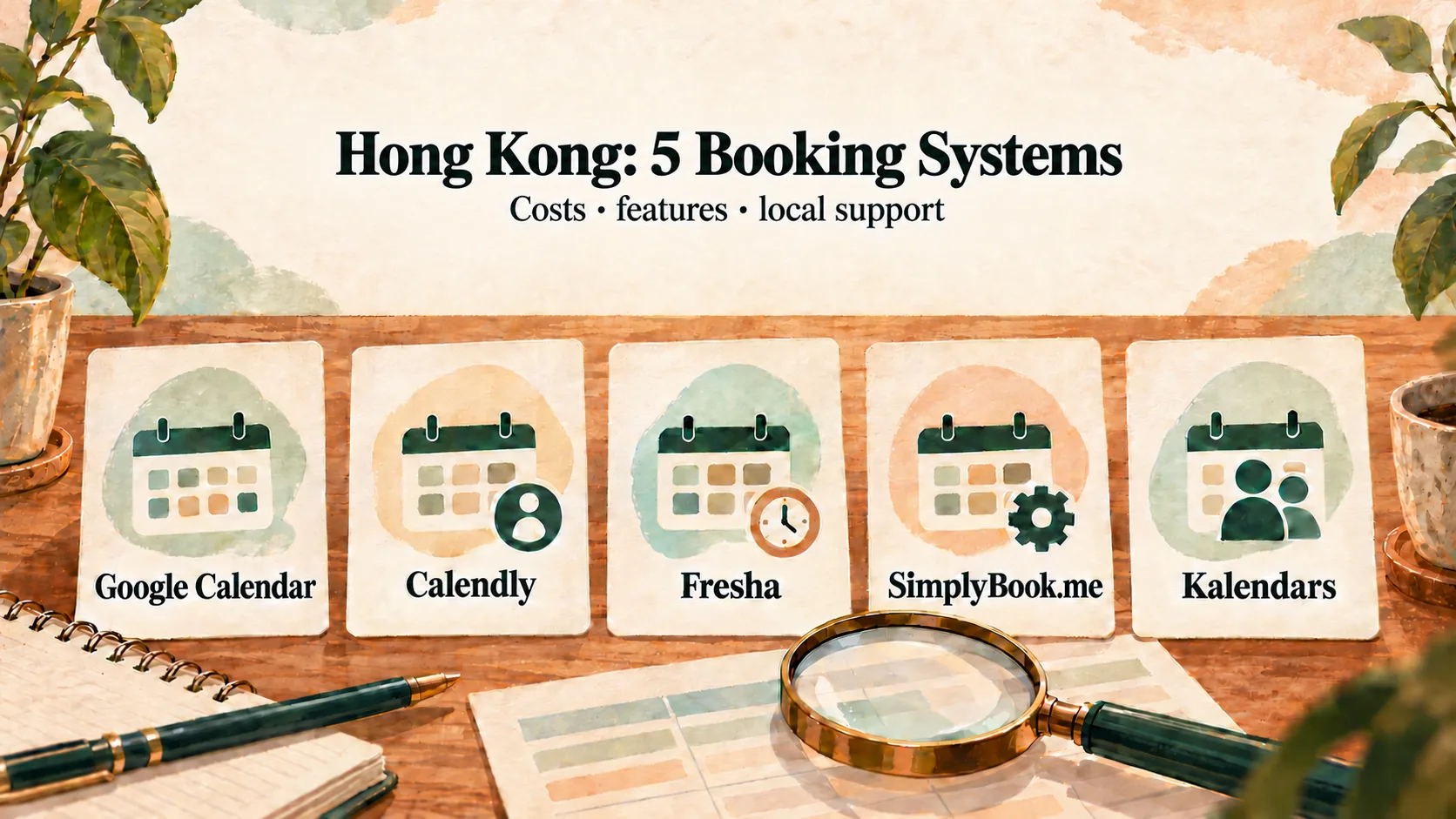 Warm editorial desk scene with five neutral booking-system comparison cards and the headline Hong Kong: 5 Booking Systems.