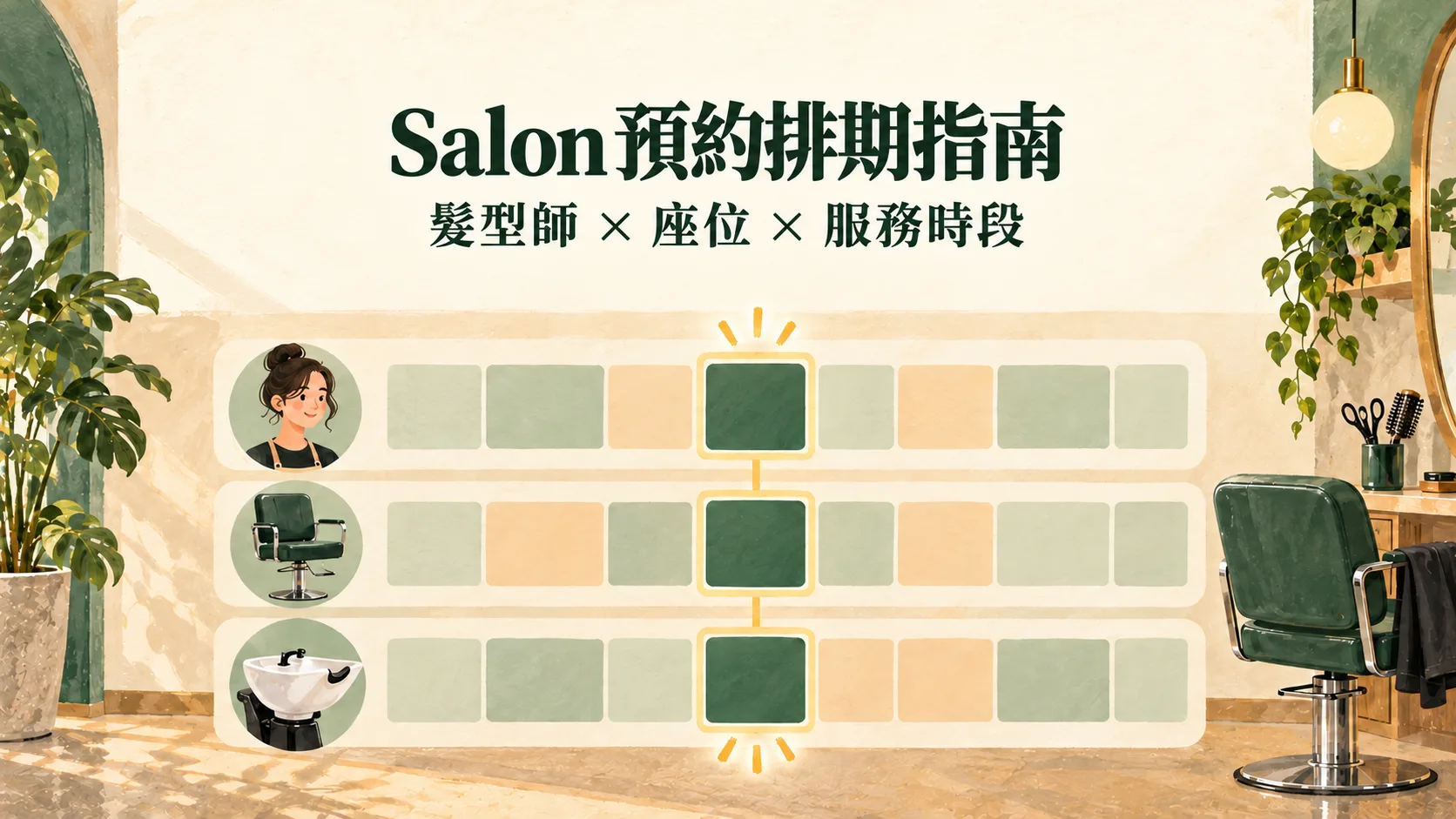 髮廊排期流程圖,以髮型師、座位和洗頭盆的對齊時段顯示一個共同可用空檔。