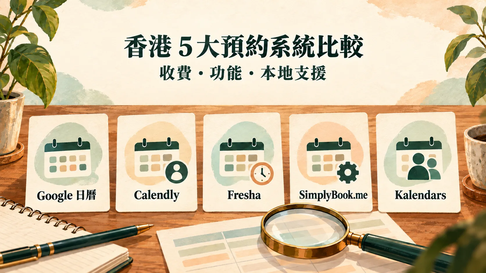 五張具名稱的預約系統卡  ，以放大鏡和中性比較版面呈現。
