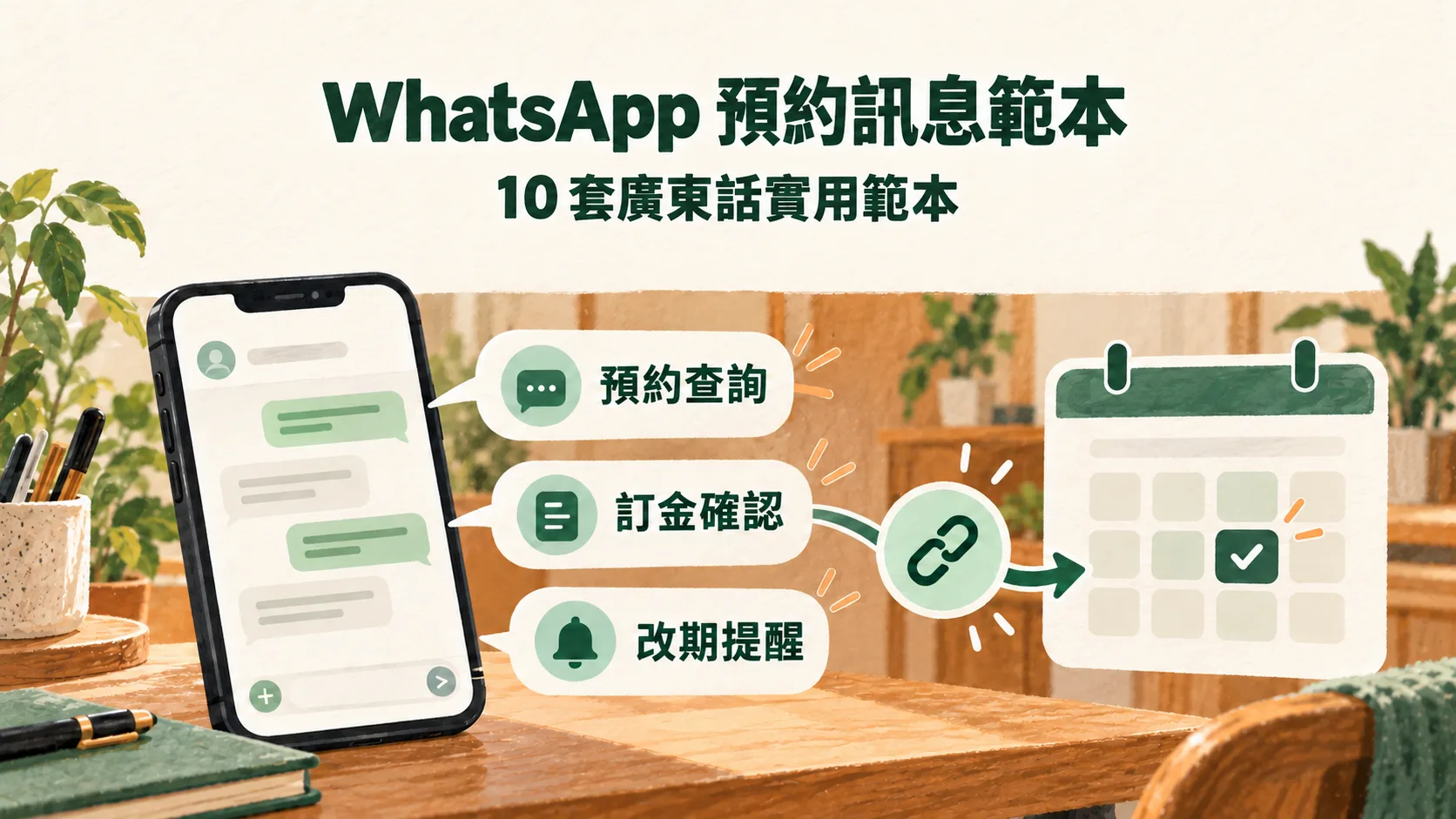 重用預約快捷回覆的流程圖,將查詢、訂金確認和改期提醒訊息連接至已確認的日曆預約。