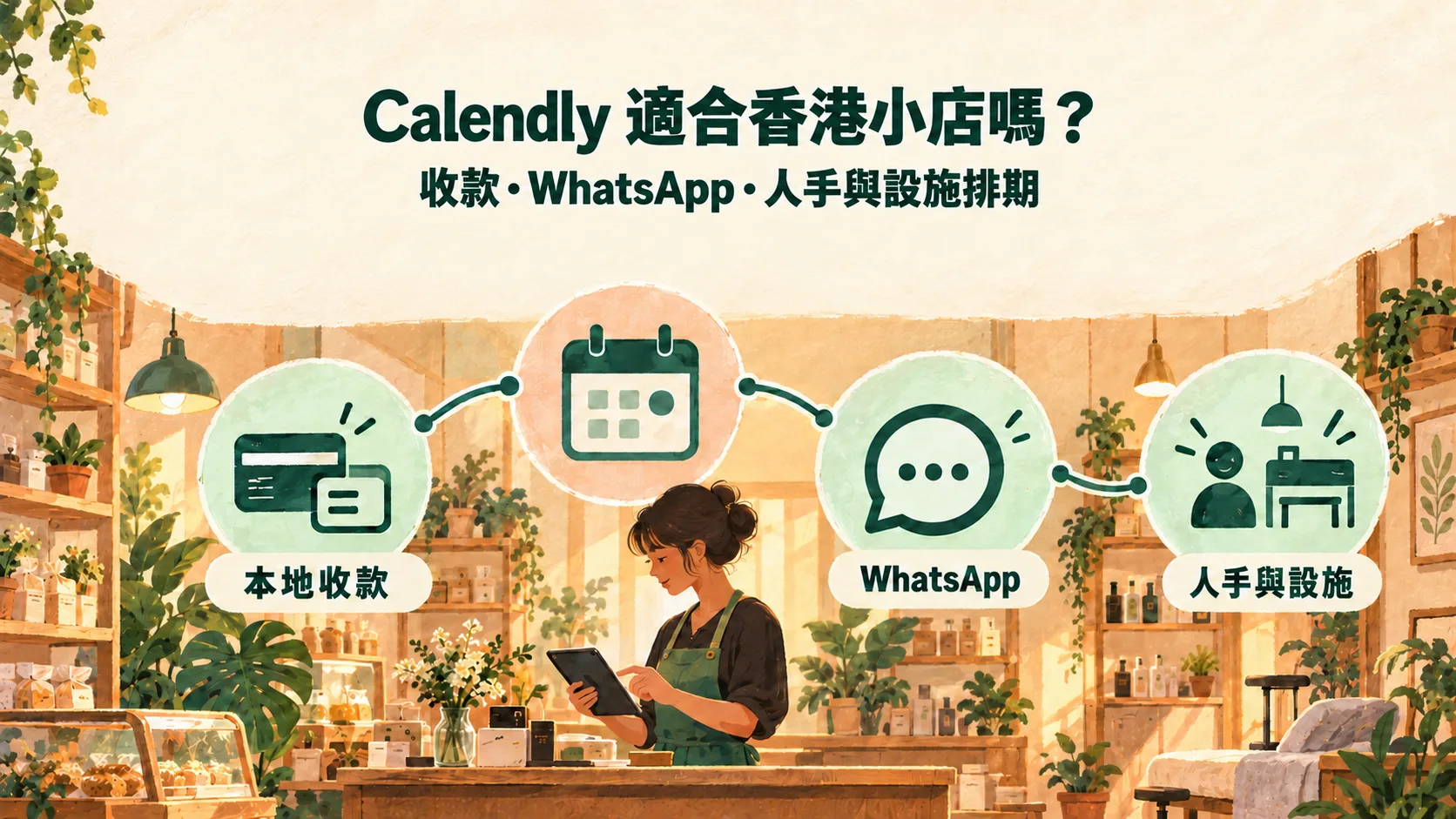 本地小店預約中心，連接本地收款、WhatsApp，以及人手與設施三個模組。