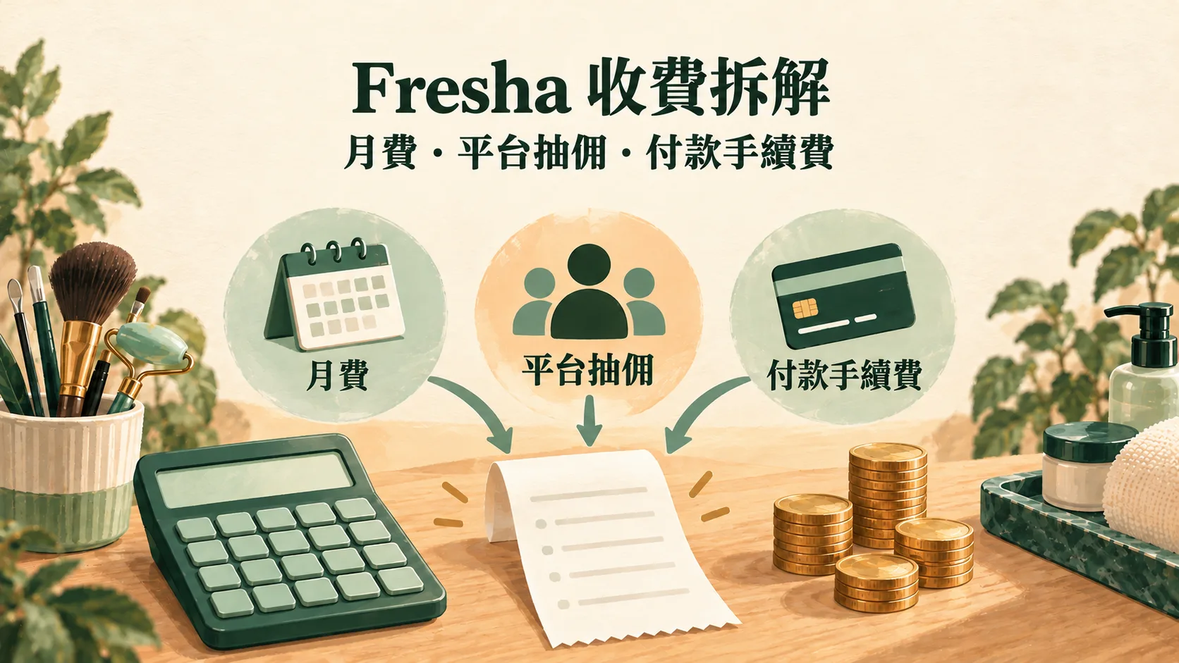 月費、平台抽佣和付款手續費流向明細收據的費用組成流程圖。