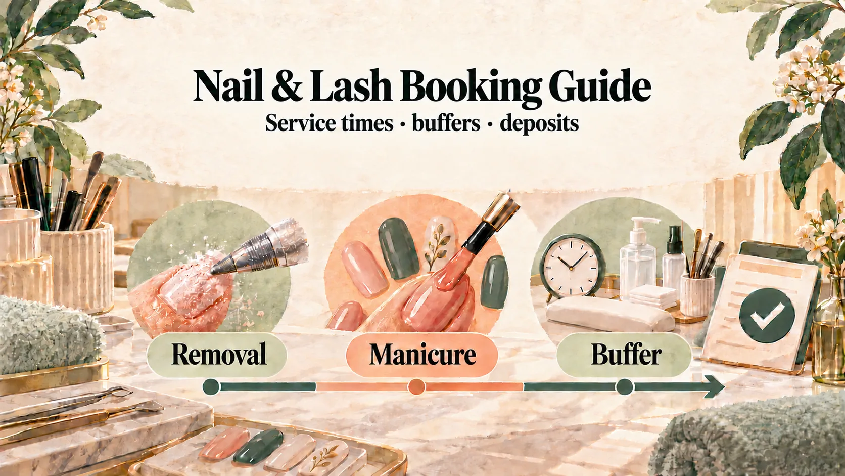 Warm illustrated nail studio showing a Removal, Manicure, and Buffer service timeline.