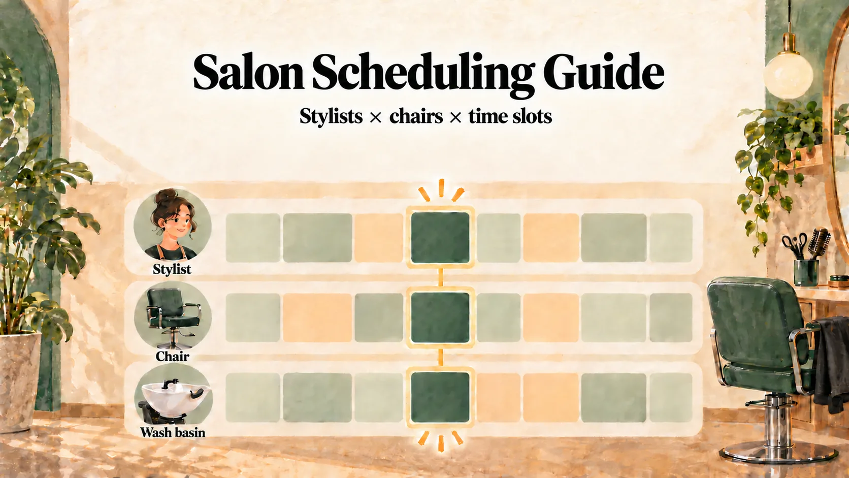 Warm illustrated salon with an availability board aligning a stylist, chair, and wash basin time slot.