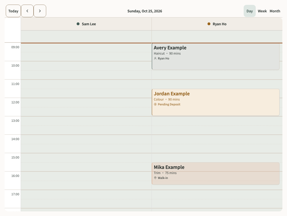 Kalendars calendar interface showing sample bookings